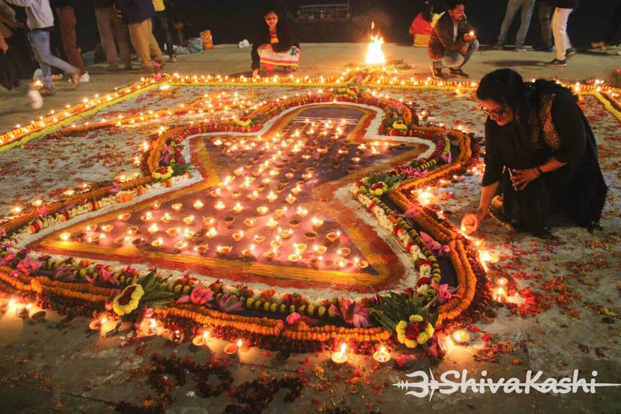 Diya arrangement on Varanasi ghat for Dev Deepawali festival Diya arrangement on Varanasi ghat for Dev Deepawali festival