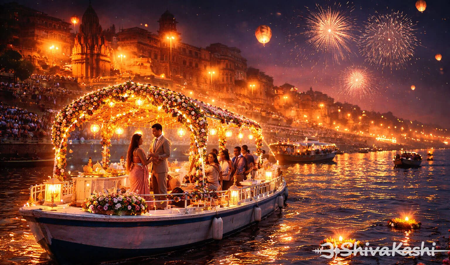 Dev Diwali boat booking Varanasi decorated private boat with diyas and fireworks Dev Diwali boat booking Varanasi decorated private boat with diyas and fireworks