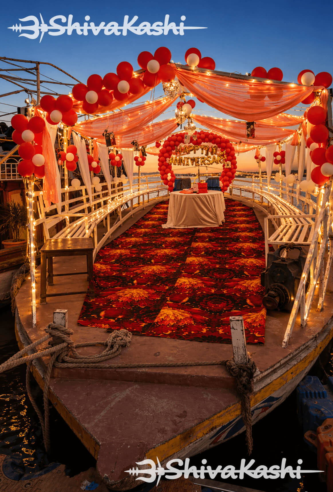 Romantic proposal boat setup Varanasi Ganga candles flowers